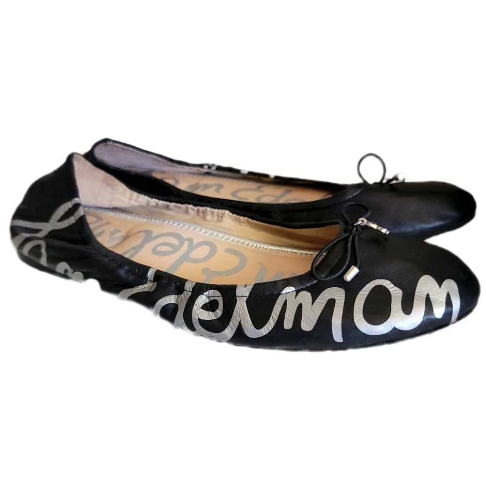 Sam Edelman Felicity Ballet Flat Black & Silver Name Logo 8.5 Leather